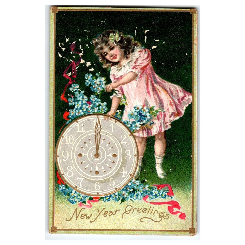 Raphael Tuck New Year Greetings Postcard Girl Clock Flowers 1909 Posted